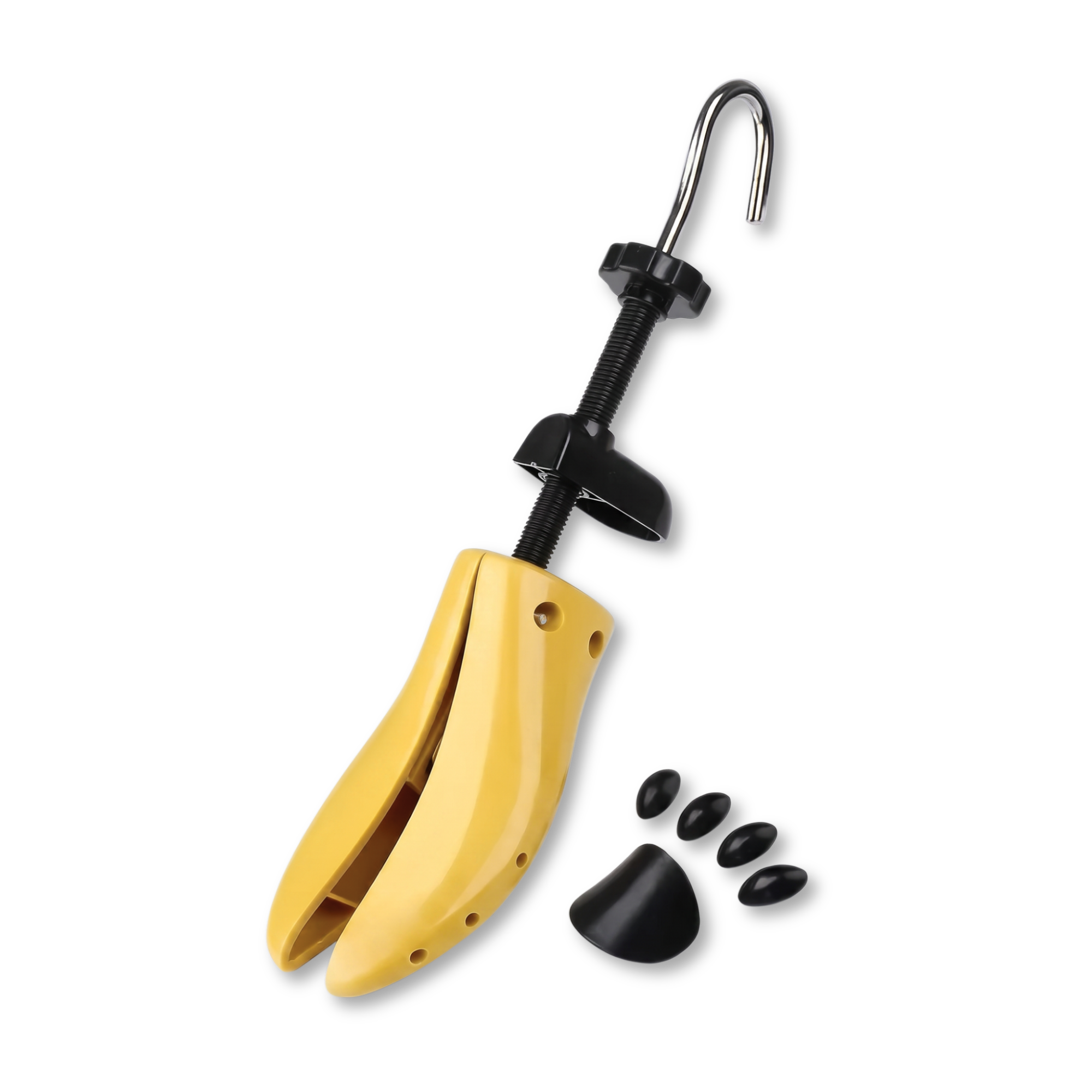 Yellow shoe stretcher with black components on a white background