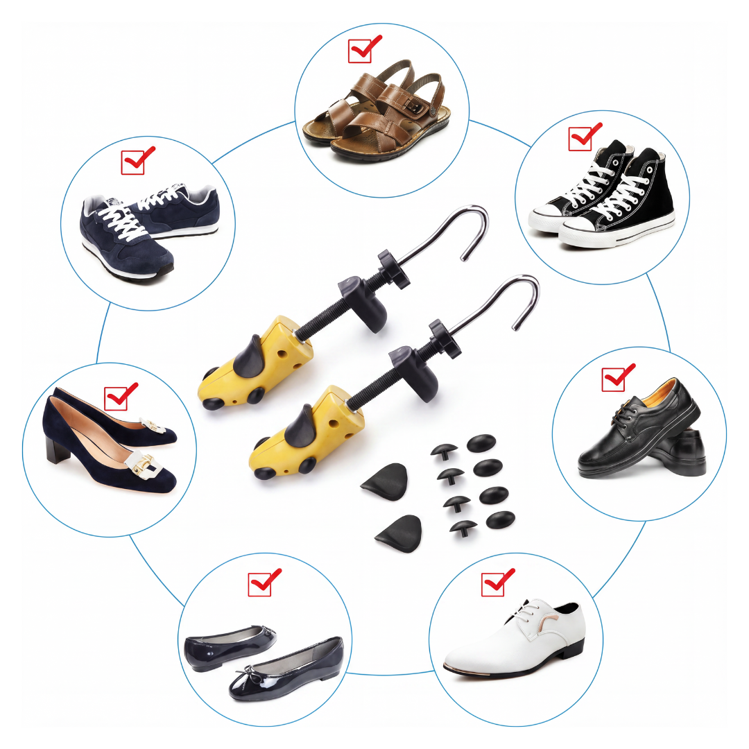 Series of shoes with check marks next to them signifying the acceptable shoes that can be used with TheraStretch Pro shoe stretcher