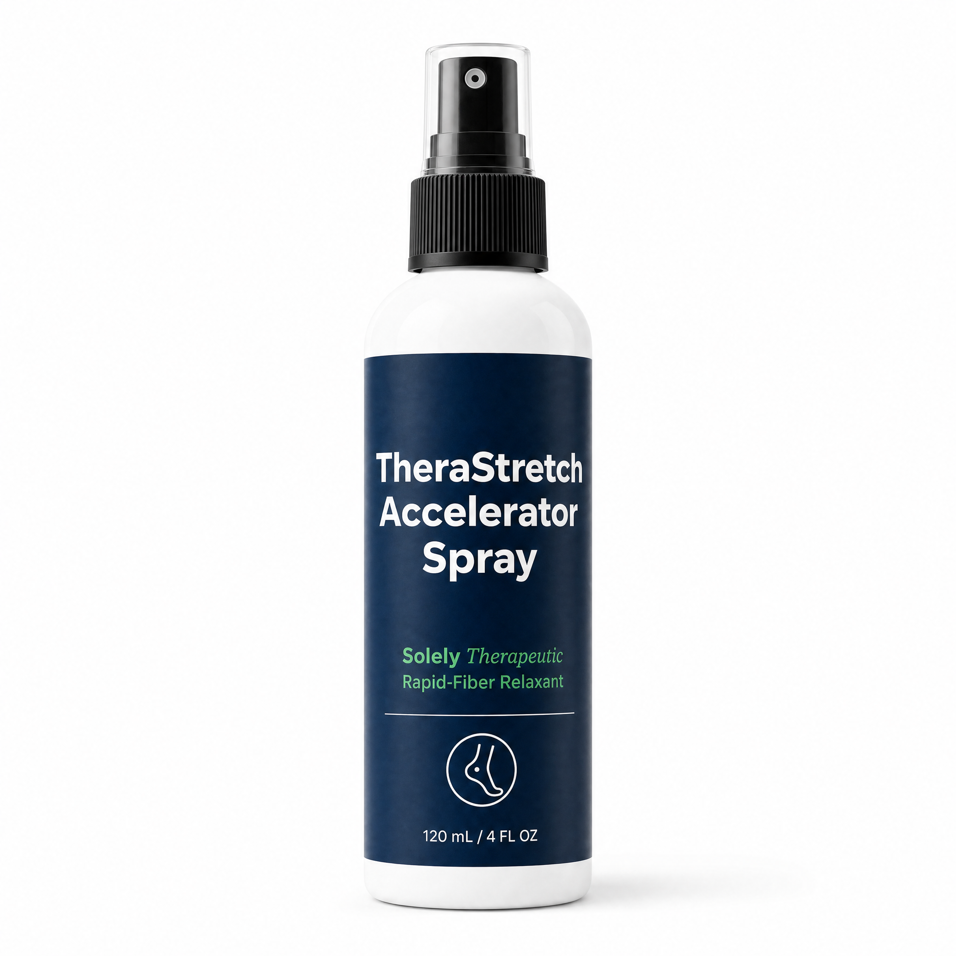 A 120 mL bottle of TheraStretch Accelerator Spray on a clean white background. The bottle is white with a dark navy blue label, a black spray nozzle, and white text.