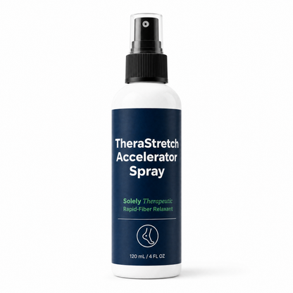 A 120 mL bottle of TheraStretch Accelerator Spray on a clean white background. The bottle is white with a dark navy blue label, a black spray nozzle, and white text.