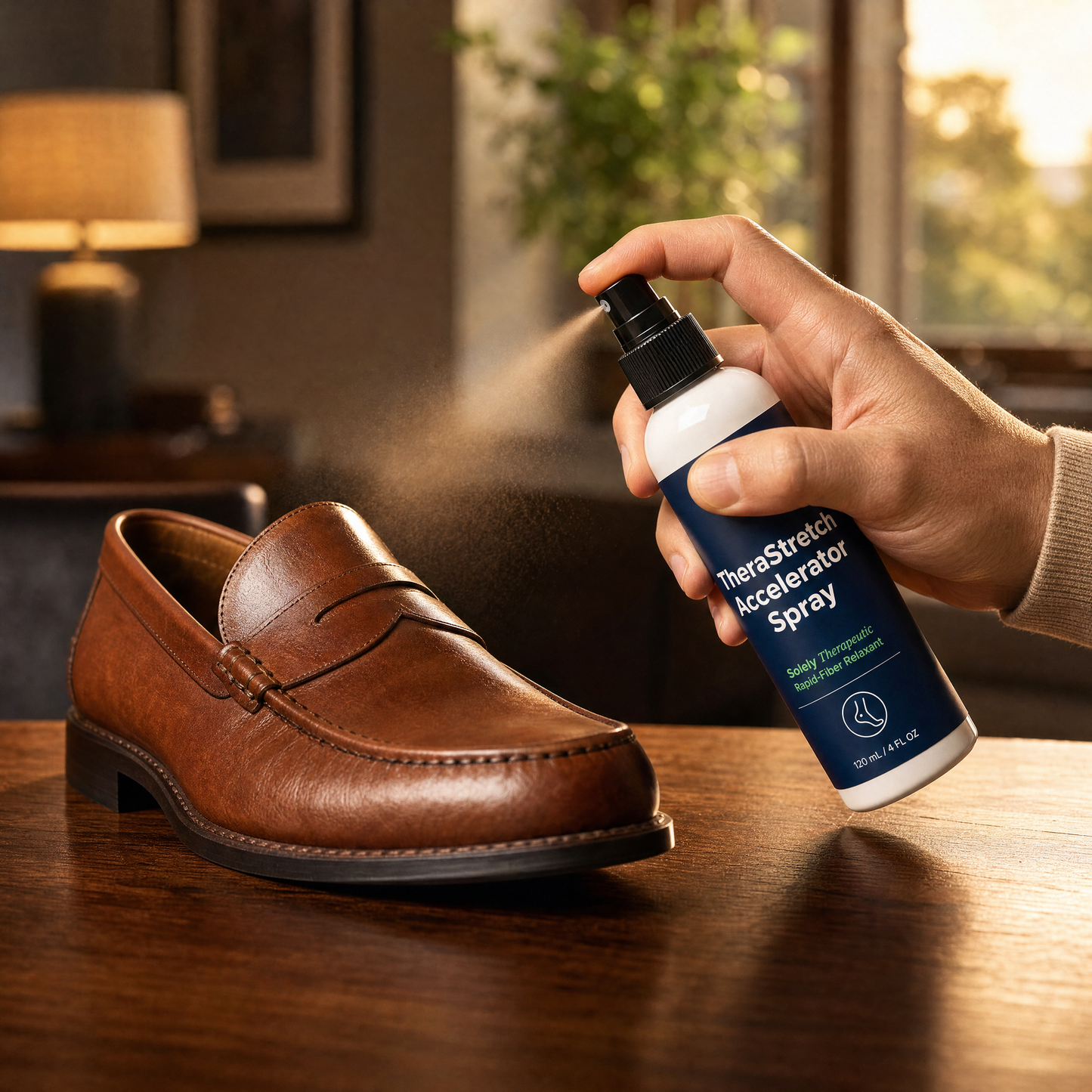 A hand holds a bottle of TheraStretch Accelerator Spray while spraying it onto a brown leather loafer on a wooden table in a warmly lit indoor setting.
