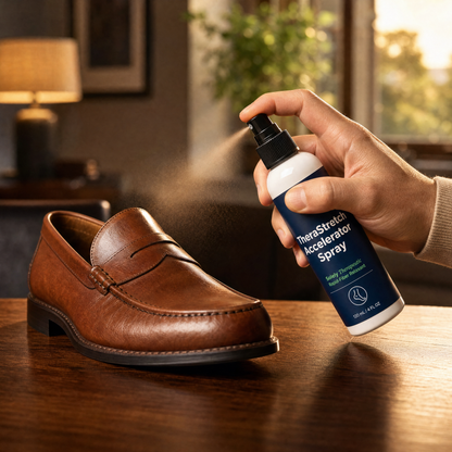 A hand holds a bottle of TheraStretch Accelerator Spray while spraying it onto a brown leather loafer on a wooden table in a warmly lit indoor setting.