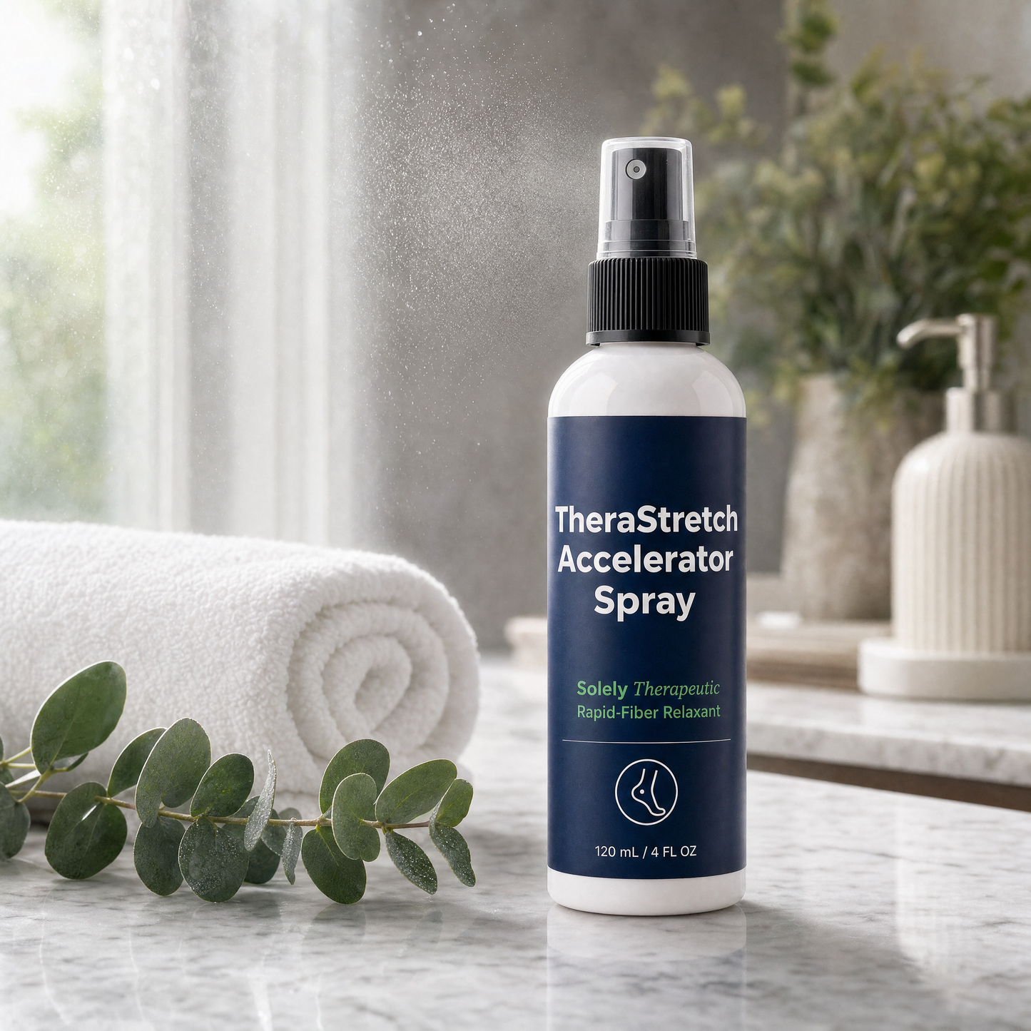 TheraStretch Accelerator Spray bottle on a marble countertop with a rolled towel, eucalyptus leaves, and a bathroom sink in the background, showing mist upon spraying.