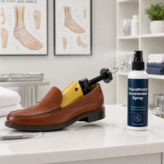 A brown leather loafer with a yellow and black shoe stretcher inserted into the opening sits on a white countertop, with TheraStretch Accelerator Spray bottle beside it in a bright, clean foot-care setting.